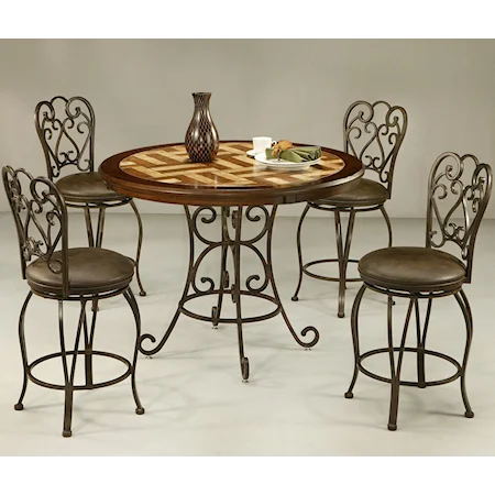 5 Piece Round Wood with Travertine Insert Top Table & Counter Stools